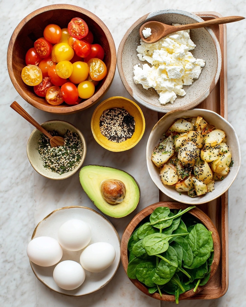 The image shows a top view of multiple small white bowls and wooden bowls arranged on a white marbled surface with a wooden tray. There is a wooden bowl in the top left filled with colorful cherry tomatoes in yellow, red, and orange shades, some sliced in half. Below it, a rustic bowl holds white crumbled cheese. Next to it, a small yellow and brown bowl contains a mix of black and white sesame seeds. A tiny wooden spoon in the middle carries a small amount of minced garlic. To the right of the tray, a white bowl with a brown outer rim is filled with cooked, golden-brown potato pieces sprinkled with black seeds. On the bottom right, another white bowl with a brown outer rim holds fresh, vibrant green spinach leaves. On the left bottom corner, a white plate holds three whole white hard-boiled eggs and a halved avocado with bright green flesh. photo taken with an iphone --ar 4:5 --v 7