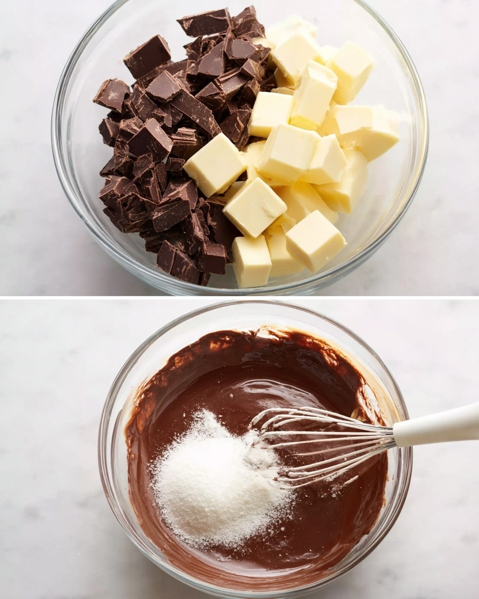 The first image shows a clear glass bowl filled with chopped dark brown chocolate pieces topped with several cubes of pale yellow butter, arranged evenly across the chocolate. In the second image, the same clear glass bowl contains a smooth, thick dark brown melted chocolate mixture with a layer of white sugar and light brown sugar resting on top. A white whisk is stirring the sugar into the chocolate mixture. Both bowls sit on a white marbled surface. photo taken with an iphone --ar 4:5 --v 7