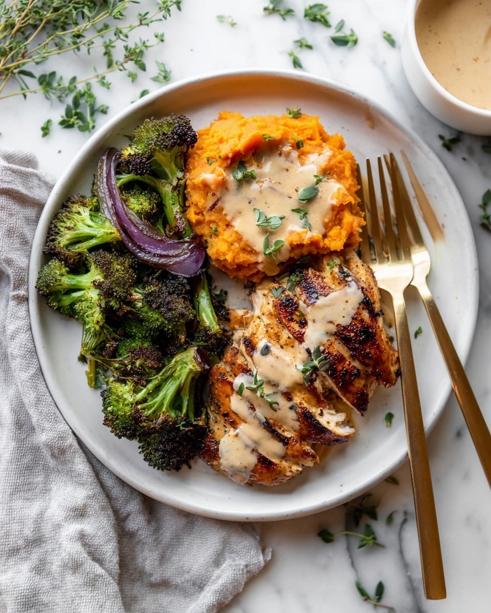 A white round plate holds three main layers of food arranged side by side: on the left is charred green broccoli with some purple onion pieces, in the center is bright orange mashed sweet potatoes with a creamy sauce drizzled on top, and on the right is a piece of grilled chicken with dark brown grill marks, also drizzled with creamy sauce and garnished with small green herbs. A gold fork and knife rest on the right side of the plate on a light gray cloth. The plate sits on a white marbled surface with scattered green herb leaves. In the top right corner, part of a white bowl with creamy sauce is visible. photo taken with an iphone --ar 4:5 --v 7