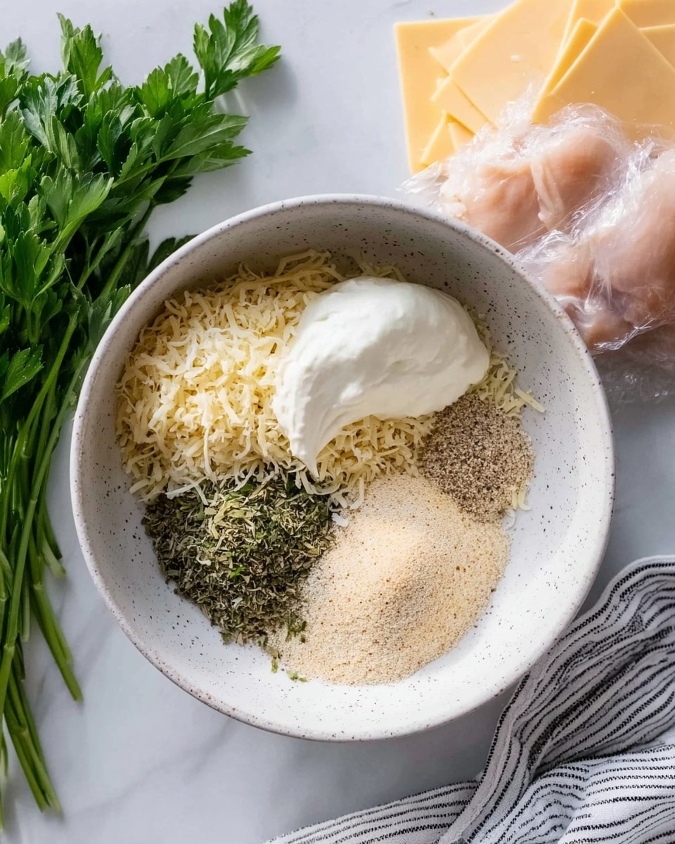 A white speckled bowl sitting on a white marbled surface contains distinct layers of ingredients: a creamy white dollop of sour cream or mayonnaise, a fine pile of shredded pale yellow cheese, a small heap of black pepper, and a mound of light beige seasoning powder, all arranged separately within the bowl to show texture and color contrast. Fresh green parsley leaves with visible stems are placed nearby on the left side, while raw pale pink chicken pieces wrapped in plastic are seen on the top right side. Slices of pale yellow cheese sheets are also laid out near the parsley on the white marbled surface, with a corner of a striped cloth visible at the bottom edge. Photo taken with an iphone --ar 4:5 --v 7