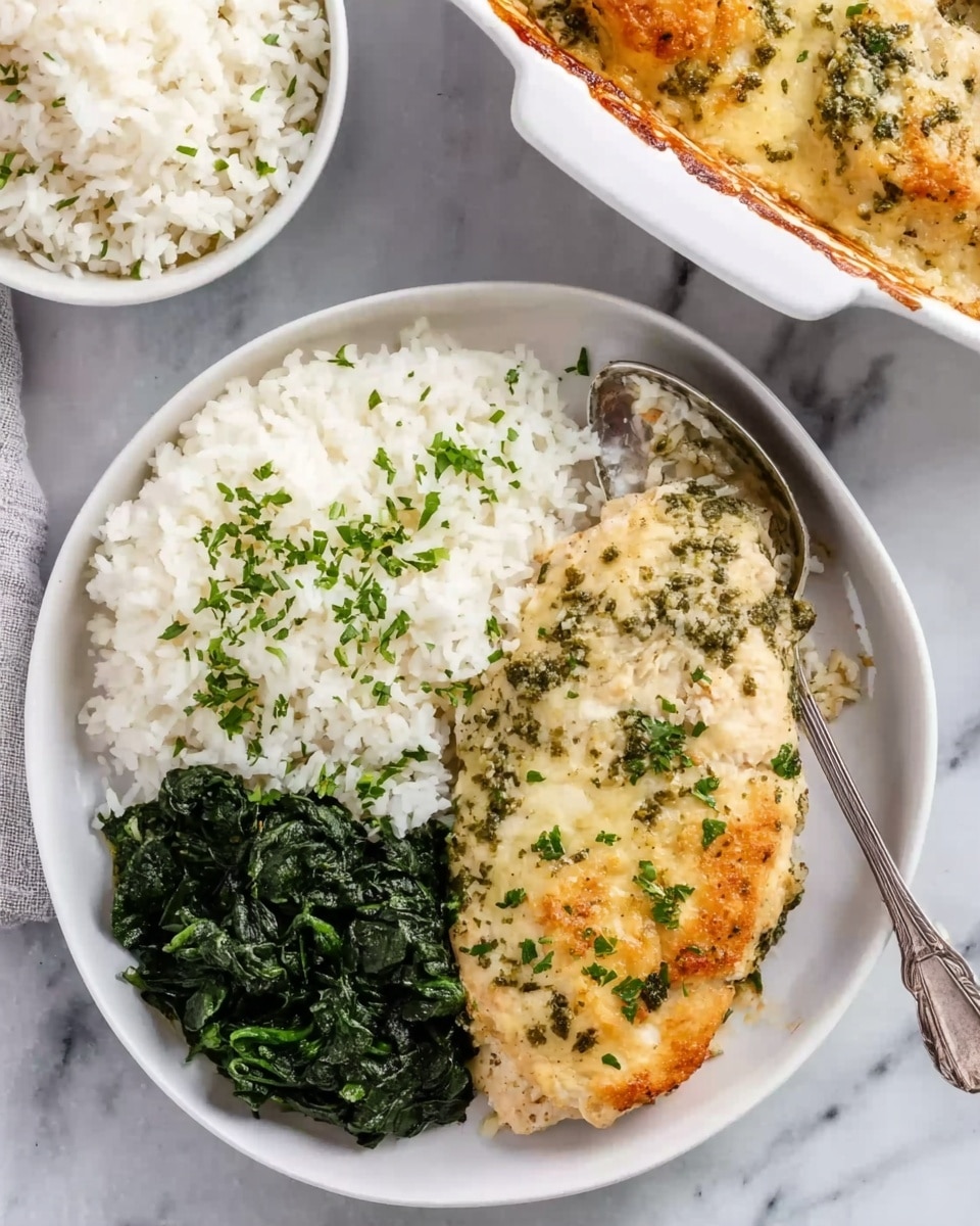 The image shows a white plate with three distinct sections: a creamy golden-brown baked cheesy chicken layer topped with green herb pieces on the bottom left, a fluffy white rice layer sprinkled with green herbs on the top left, and a dark green cooked spinach layer on the right. The plate is placed on a white marbled surface, with a white bowl of white rice partially visible in the top left corner and a white baking dish containing the cheesy chicken in the top right corner. A woman's hand holding a silver spoon is resting inside the bowl of rice. Photo taken with an iphone --ar 4:5 --v 7