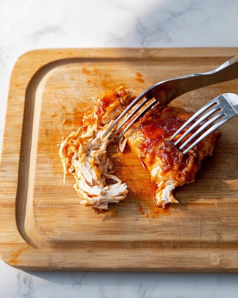 A single piece of cooked chicken with a reddish-brown sauce on top, partially shredded, sits near the center right of a light brown wooden cutting board. Two silver metal forks are piercing and pulling apart the chicken in the middle area. The cutting board is placed on a white marbled surface, and the lighting highlights the texture of the wood and the glistening sauce on the chicken. photo taken with an iphone --ar 4:5 --v 7