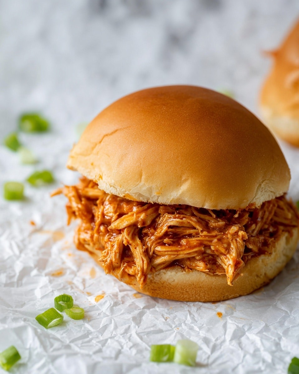 A close-up view of a pulled chicken sandwich on a soft, golden-brown bun. The sandwich has two layers: the bottom layer is shredded chicken mixed with a reddish-brown sauce, giving it a moist, tender texture, and piled generously on the bottom bun. The top layer is the smooth, slightly shiny top bun that covers most of the chicken filling. Around the sandwich on a crinkled white paper, some small pieces of green onion rings are scattered. The background is a white marbled surface. Photo taken with an iphone --ar 4:5 --v 7