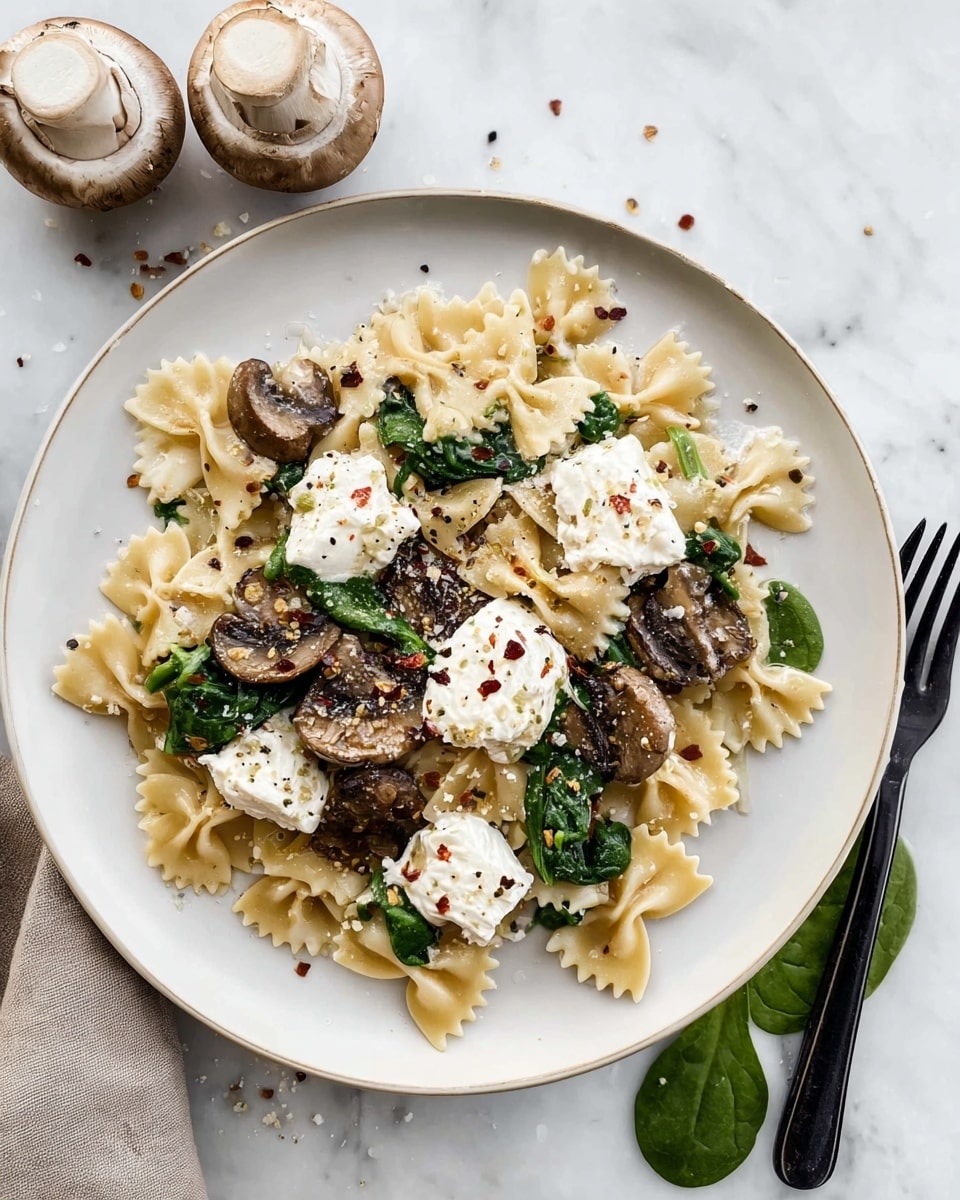 A white ceramic plate with a single layer of bow tie pasta in light beige is topped with sautéed dark brown mushroom pieces and bright green spinach leaves scattered throughout. Dabs of white creamy cheese sit unevenly on the pasta, sprinkled with black pepper and a few red chili flakes. The plate rests on a white marbled surface, beside three whole mushrooms and a green spinach leaf, with a black fork on the right side of the plate and part of a woman's hand reaching in from the bottom left corner. Photo taken with an iphone --ar 4:5 --v 7