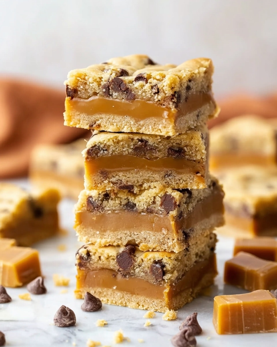 A stack of five square cookie bars is shown on a white marbled surface. Each bar has three layers: the top and bottom layers are golden brown with visible chocolate chips scattered, and the middle layer is a thick, smooth caramel in a light brown color. The bars appear soft and slightly crumbly at the edges, with some crumbs around the base of the stack. The background is softly blurred with warm tones and some caramel pieces visible. The photo taken with an iphone --ar 4:5 --v 7