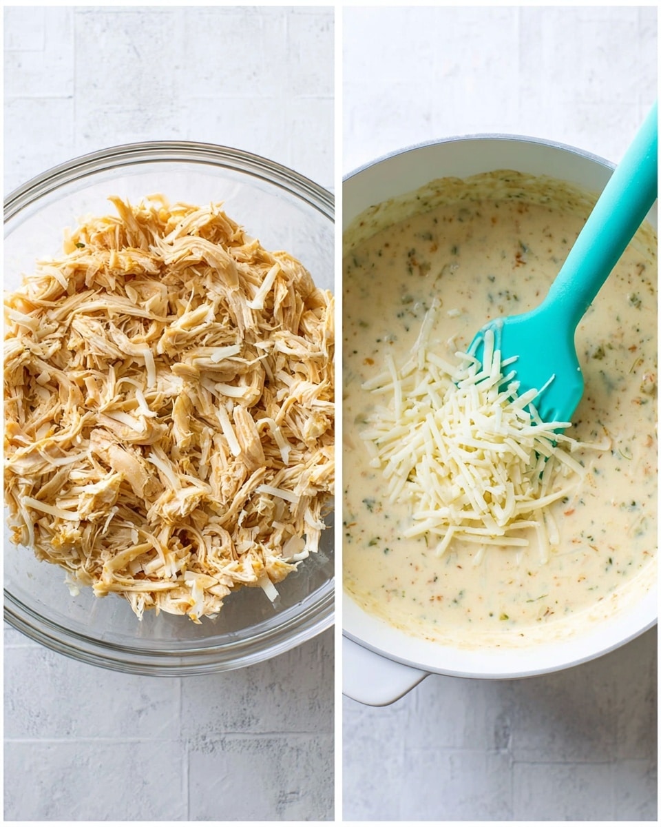 The image on the left shows a clear glass bowl with a mix of shredded chicken colored light brown and thin pale yellow cheese shreds on top, with a turquoise spatula resting inside. The image on the right shows a white cooking pot filled with a creamy light beige sauce mixed with visible herbs, topped with shredded white cheese and a turquoise spatula partially dipped in the sauce. Both images are set on a white marbled texture. photo taken with an iphone --ar 4:5 --v 7