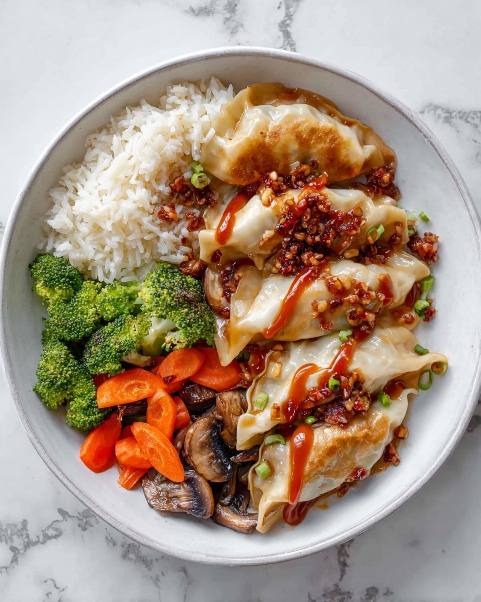 A white bowl holds three folded dumplings with a light golden brown crust and a drizzle of thick reddish-brown sauce with minced bits on top. To the left, there is a fluffy pile of white rice. On the right, a colorful mix of cooked vegetables including bright green broccoli florets, thin orange carrot slices, and dark brown mushroom slices creates a vibrant base under and around the dumplings. The backdrop is a white marbled surface. photo taken with an iphone --ar 4:5 --v 7