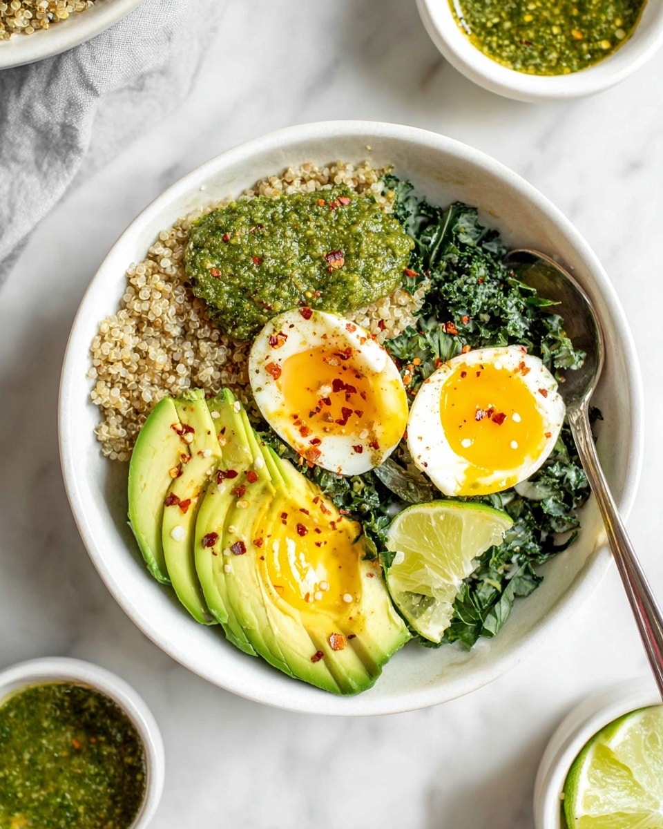 A white bowl sits on a white marbled surface filled with several layers of food. The bottom layer is dark green cooked kale that fills most of the bowl. On top of the kale and to the left is a serving of light beige quinoa. Above the quinoa, there are two halves of a soft-cooked egg with bright yellow yolks and white edges sprinkled lightly with red pepper flakes. To the right of the quinoa, there is a green pesto-like sauce with a chunky texture placed on top of the kale. Below the quinoa and sauce, several slices of avocado fan out showing light green creamy flesh sprinkled with seeds and red pepper flakes. Two lime wedges sit near the avocado on the kale. A silver fork rests inside the bowl on the left side. Around the bowl, there are small white bowls with green sauces and leafy greens. The photo was taken with an iphone --ar 4:5 --v 7