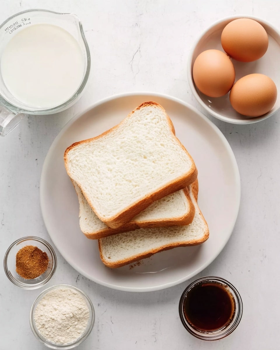 The image shows three slices of soft white bread layered slightly overlapping on a white round plate, placed on a white marbled surface. Around the plate, there are four containers: a small white bowl with three brown eggs at the top right, a clear glass measuring cup with white milk on the left, a small white bowl with a mix of brown spices at the bottom left, and a small clear glass bowl with dark brown liquid on the bottom right. The items are arranged neatly, highlighting the ingredients together. Photo taken with an iphone --ar 4:5 --v 7