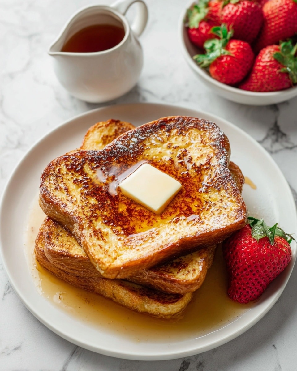 There are three pieces of golden brown French toast stacked on a white plate, with the top piece having a square pat of melting butter in the center. Syrup glistens and pools around the base of the toast, adding a shiny look. To the side of the stack, there is one bright red strawberry with green leaves. Next to the plate is a small white ceramic pitcher filled with syrup, and a white bowl full of fresh red strawberries with green leaves. The scene is set on a white marbled texture. photo taken with an iphone --ar 4:5 --v 7