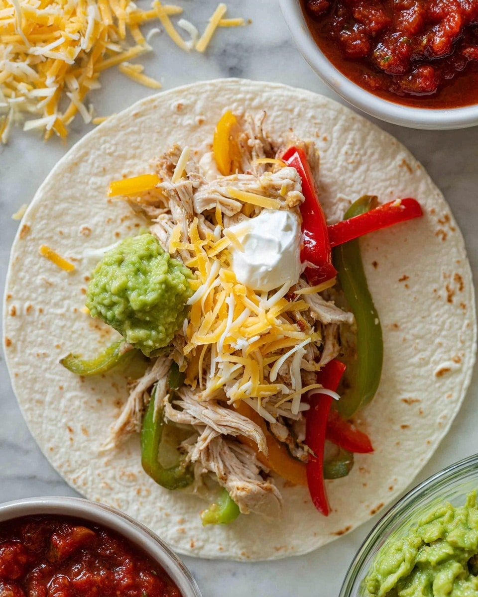 A soft tortilla lies flat as the base, topped with shredded light brown chicken and layered with sautéed strips of green, yellow, and red bell peppers. On top of the peppers, a handful of shredded yellow and white cheese is scattered. There is a dollop of white sour cream placed near the center, next to a scoop of chunky bright green guacamole. A small spoonful of red salsa sits beside the sour cream, adding a rich color contrast. To the right, a white bowl filled with chunky red salsa is partially visible, and at the bottom right corner, the edge of a glass bowl with mashed green guacamole can be seen. The food rests on a white marbled textured surface. photo taken with an iphone --ar 4:5 --v 7