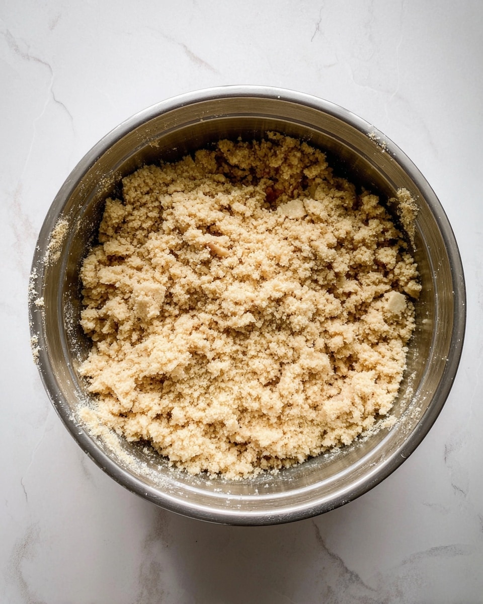 A metal bowl filled with crumbly, light brown dough pieces that have a rough, grainy texture. The crumbs vary in size, with some small and fine while others are larger clumps, covering the whole inside of the bowl evenly. The bowl sits on a white marbled surface, showing some dough stuck slightly to the edges inside the bowl. Photo taken with an iphone --ar 4:5 --v 7