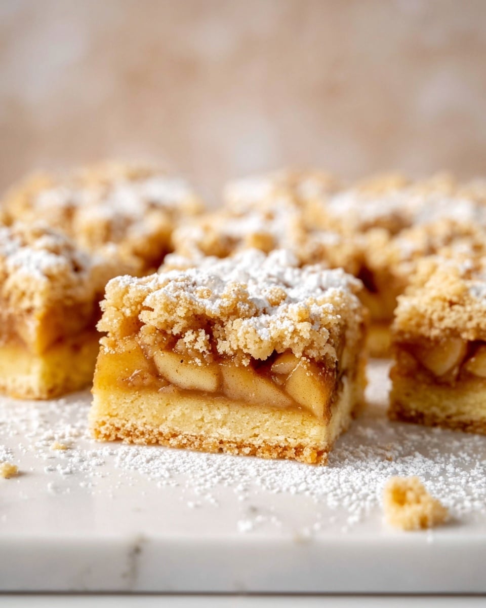 The image shows several square pieces of crumbly dessert bars arranged closely on a white marbled surface. Each bar has three layers: a light tan and firm bottom crust, a middle layer with thick chunks of soft cooked apple in a golden-brown sauce, and a top layer of crumbly, golden streusel with a rough texture. The bars are dusted lightly with white powdered sugar that rests unevenly on the top crumbs. The background is softly blurred with neutral tones. photo taken with an iphone --ar 4:5 --v 7