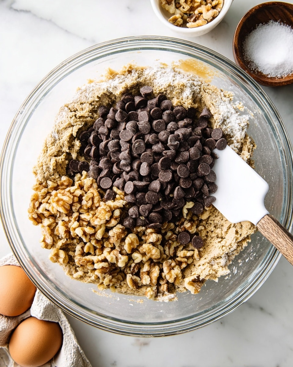 A clear glass bowl sits on a white marbled surface filled with cookie dough at the bottom, light brown in color with a powdery texture in some spots. On the right side of the dough are scattered small chopped walnuts, light tan and brown with a rough texture. On top of the dough in the center is a large pile of dark brown chocolate chips, smooth and round. A white spatula rests on the walnuts on the right side inside the bowl. Nearby, a small brown bowl with white salt and a white egg tray with a broken brown eggshell are visible. Photo taken with an iphone --ar 4:5 --v 7