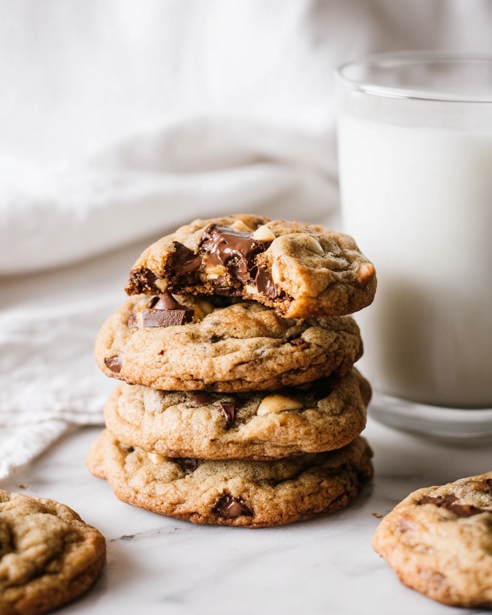 A stack of four golden brown chocolate chip cookies rests on a white marbled surface, with the top cookie showing a bite taken out of it, revealing a soft, chewy inside with visible chocolate chips. The cookies are thick with slightly crisp edges and studded with melted chocolate chunks and small white nut pieces. To the right of the stack is a tall white glass filled with milk, creating a cozy and inviting scene. In the background, more cookies peek into the frame with soft white fabric behind them. The photo taken with an iphone --ar 4:5 --v 7