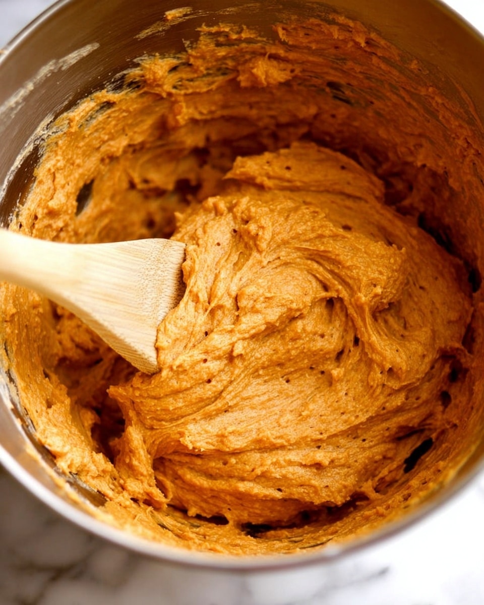 A close-up view inside a metal mixing bowl showing thick, orange-brown dough with small specks throughout, being stirred by a wooden spoon with a light wood handle. The dough looks soft and textured with visible swirls and folds as it is mixed. The background features a white marbled surface. photo taken with an iphone --ar 4:5 --v 7