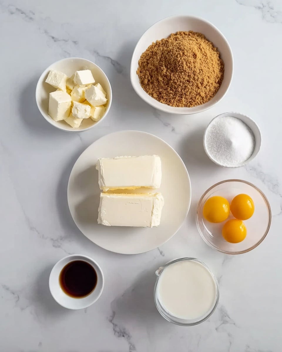 The image shows six white bowls and plates on a white marbled surface. At the center, a white plate holds two thick blocks of cream cheese. Above this plate, there is a white bowl filled with a crumbly brown mixture, likely graham cracker crumbs. To the left of this bowl, there is a small white bowl with chunks of butter. Below the butter bowl is another small white bowl holding white sugar. To the right of the sugar bowl, a small white cup contains a dark brown liquid, possibly vanilla extract. At the bottom right, a white bowl contains three whole egg yolks. Finally, a small glass next to the yolks holds a white liquid, probably cream. The arrangement is neat and evenly spaced. photo taken with an iphone --ar 4:5 --v 7