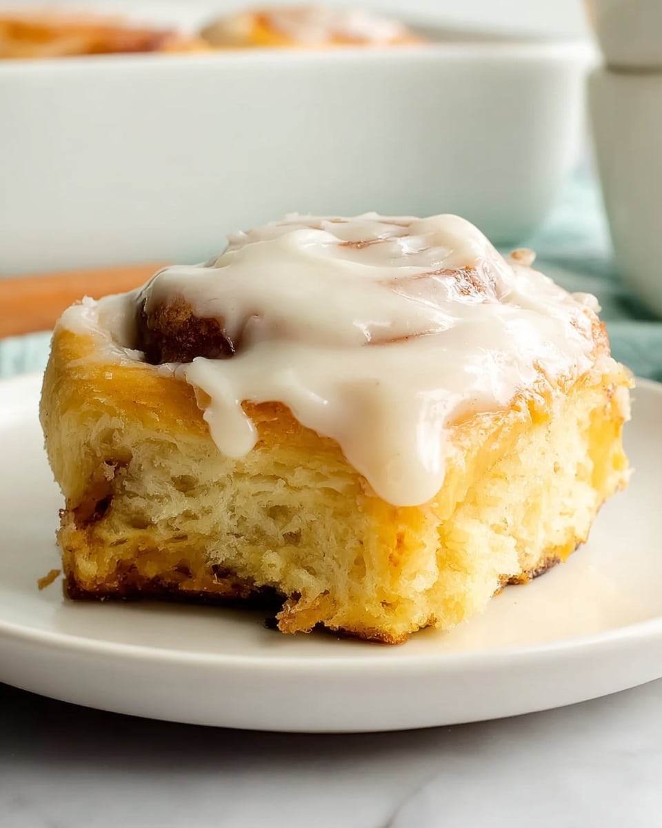 A close-up of a single cinnamon roll on a round white plate placed on a white marbled surface. The cinnamon roll has one thick layer of soft, golden-brown dough with a spongy texture. On top, there is a thick layer of creamy white icing spread unevenly, with some parts dripping slightly down the sides. The background is softly blurred, showing a white bowl and some kitchen items in light colors. Photo taken with an iphone --ar 4:5 --v 7