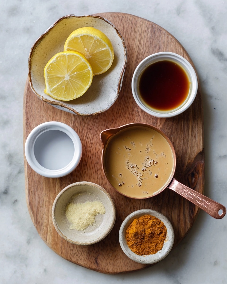 A wooden cutting board sits on a white marbled surface, holding an assortment of ingredients. At the top left, there is a small rustic, uneven-edged bowl with two lemon halves, bright yellow with a juicy texture. To the right of it is a small white bowl filled with a dark amber liquid. Below that is a copper measuring cup filled with a light tan, creamy liquid with small bubbles on its surface. On the bottom left is a white empty ramekin. Next to it is a small round beige speckled dish with some pale yellow powder. Finally, at the bottom right, there is another small beige speckled dish with a deep orange powder. photo taken with an iphone --ar 4:5 --v 7