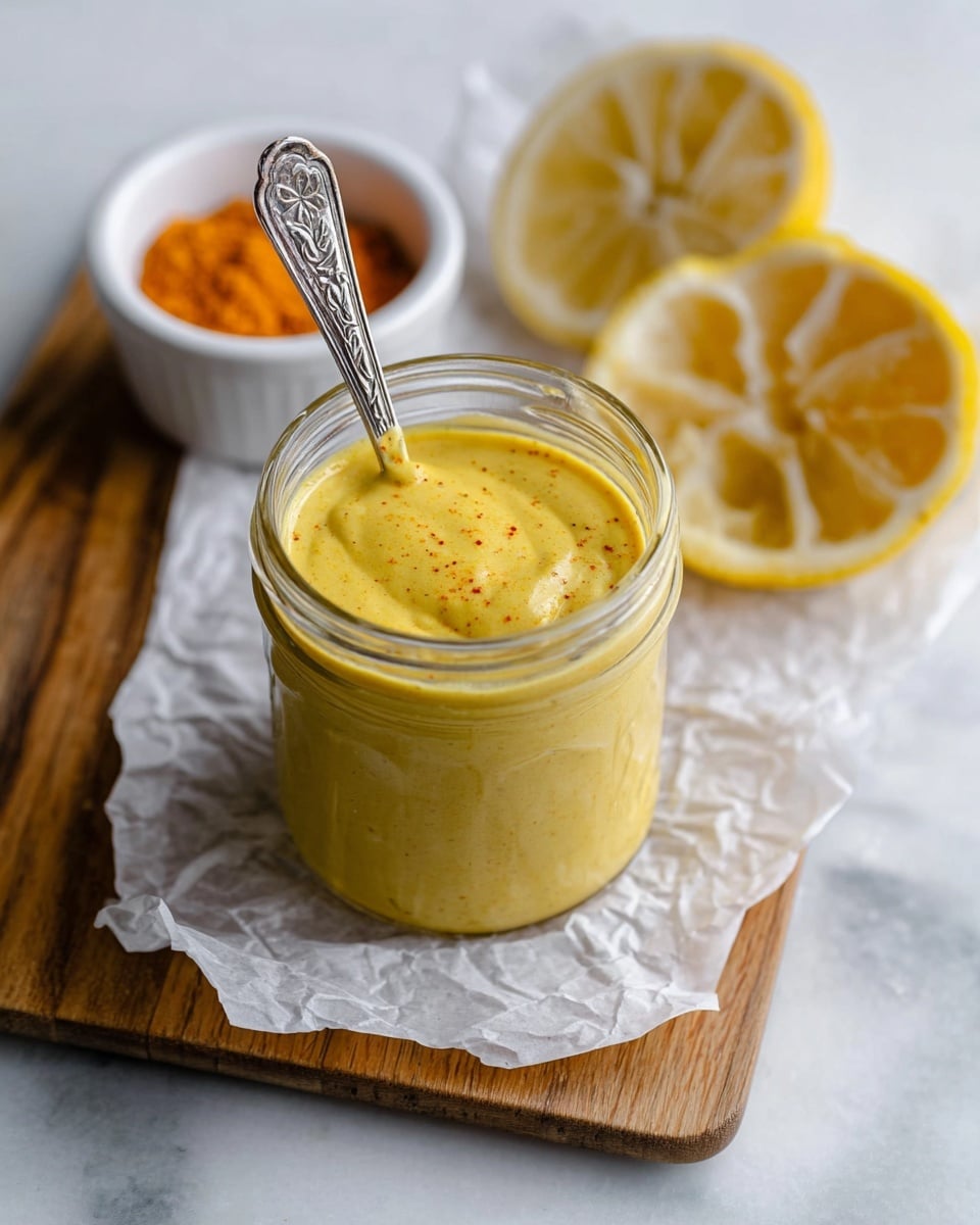A clear glass jar filled with a smooth, thick yellow sauce that has small specks of spices, with a detailed silver spoon partially dipped into it. The jar is placed on crumpled white parchment paper, which sits on a wooden board. To the left of the jar, there is a small white bowl with bright orange powder. To the right, two hollowed-out lemon halves with rough yellow skin rest on the white marbled surface background. Photo taken with an iphone --ar 4:5 --v 7