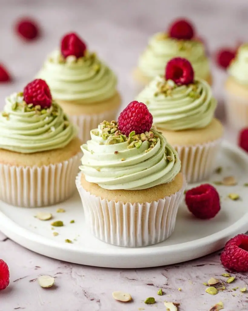 Pistachio Cupcakes with Raspberry Filling and Cream Cheese Buttercream Recipe