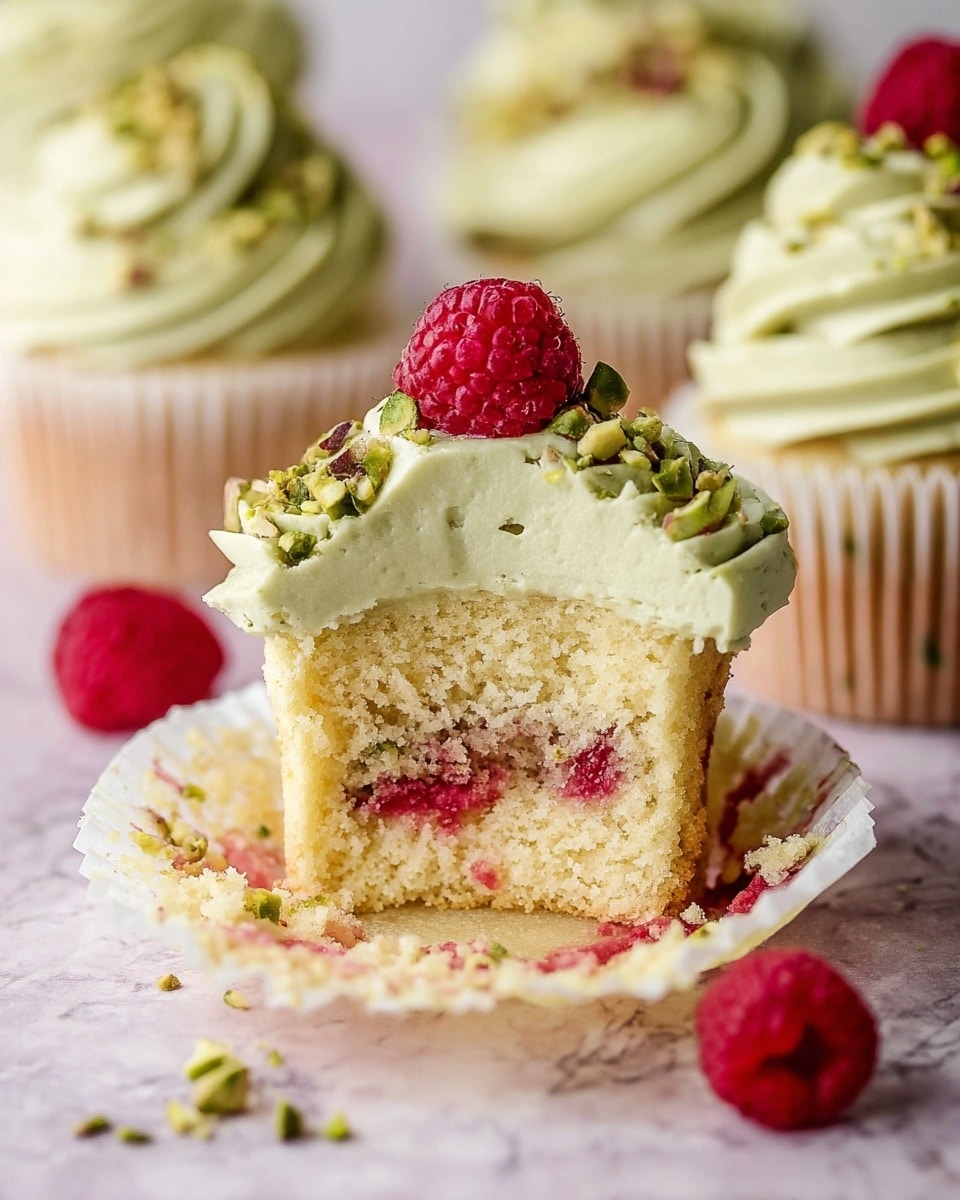 The image shows a close-up of a light yellow cupcake with green frosting swirled on top. The frosting has small bits of green nuts sprinkled over it and a fresh red raspberry sits on the very top. The cupcake is opened to show three layers: a soft yellow cake base at the bottom, a middle layer filled with red raspberry pieces, and the top thick frosting layer. In front of the cupcake is a piece broken off, showing the soft texture and the same three layers. There are whole raspberries and scattered green nut pieces around the cupcake on a white marbled surface. In the background, more cupcakes with the same frosting and raspberry topping are blurred out. photo taken with an iphone --ar 4:5 --v 7