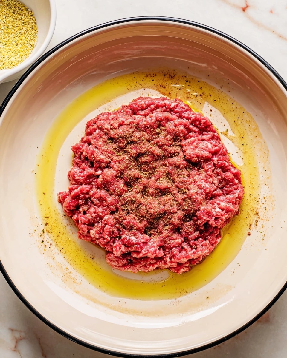 The image shows a white ceramic bowl with a thin black rim placed on a white marbled surface. Inside the bowl, there is one main layer of raw ground meat with a rough and crumbly texture, bright red in color. The meat is sprinkled evenly with a layer of brownish-red seasoning on top. Around the meat, there is a pool of golden-yellow oil creating a smooth and shiny surrounding. In the top left corner of the image, there is a small white bowl with more seasoning, visible by its yellow granules. The overall look is fresh and ready for cooking. Photo taken with an iphone --ar 4:5 --v 7