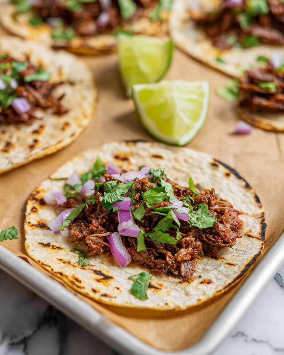 A soft toasted tortilla forms the base with light brown grill marks, topped with a layer of shredded dark brown meat. On top of the meat, there are small pieces of chopped purple onion and bright green cilantro leaves scattered evenly. To the side of the tortilla are two lime wedges with a fresh yellow-green color. The tacos are arranged on a baking sheet lined with light brown parchment paper, set on a white marbled surface. The focus is on one taco in the front, showing clear texture and colors, while the others are blurred in the background photo taken with an iphone --ar 4:5 --v 7
