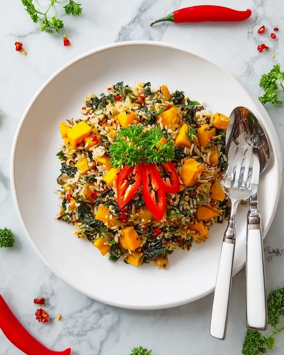 The dish is a colorful mix of cooked rice and small bright orange cubed pieces of squash evenly spread on a white plate, mixed with dark green leafy vegetables and small bits of red pepper flakes. On top of the mound, there are two thin slices of a bright red chili pepper decorated with a small sprig of fresh green parsley. On the right side of the plate, two silver utensils with white handles rest together. The plate is set on a white marbled surface with some whole red chili peppers and green parsley leaves scattered nearby. Photo taken with an iphone --ar 4:5 --v 7