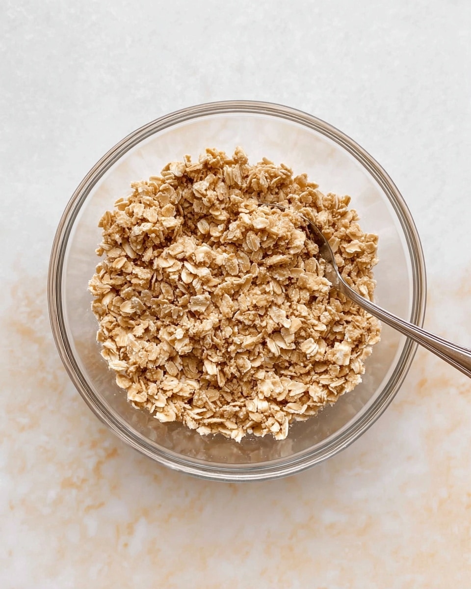 A clear glass bowl filled with a crumbly oat mixture that looks chunky and light brown in color, with visible pieces of oats and a soft, slightly sticky texture. The bowl sits on a white marbled surface, and a silver spoon is partially placed inside the bowl on the right side. The overall look is simple and natural, showing a mixture that could be ready for baking or cooking. Photo taken with an iphone --ar 4:5 --v 7