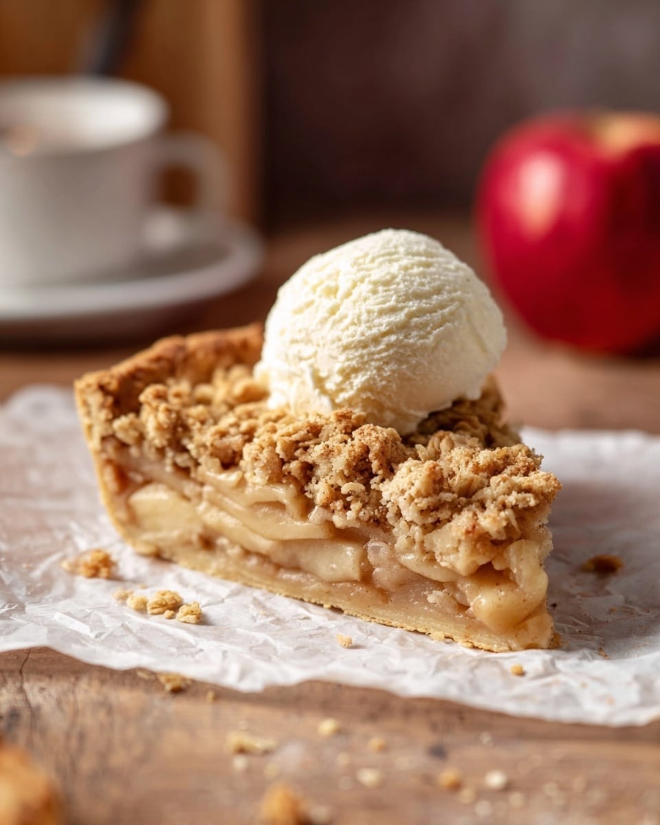 A slice of crumb apple pie sits on a piece of white parchment paper on a wooden surface, showing three layers: a light brown golden crust base, a middle layer of soft apple filling with visible apple slices in muted beige and light brown tones, and a thick top layer of crumbly oat topping with a rough texture in golden brown. On top of the slice, there is a smooth scoop of white vanilla ice cream melting slightly. In the blurred background, a red apple and a white cup on a white saucer are visible. The photo was taken with an iphone --ar 4:5 --v 7