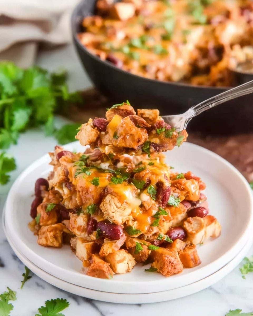 A white plate stacked with three layers holds a mix of diced cooked chicken pieces in golden brown and light beige colors, combined with red kidney beans, bright green chopped cilantro, and melted light orange cheese spread unevenly across the top. A silver spoon is scooping some of the mixture onto the plate from a dark pan placed behind it. The scene is set on a white marbled surface with some green cilantro leaves blurred in the background. photo taken with an iphone --ar 4:5 --v 7