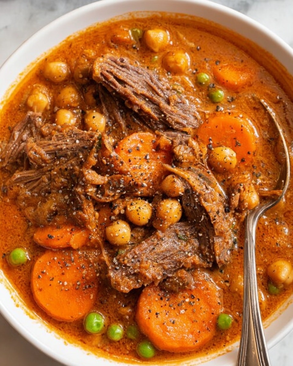 A white bowl filled with a rich, orange-brown stew made of shredded pieces of dark brown meat, tender round chickpeas, and soft sliced orange carrots with a few green peas scattered throughout. The stew has a thick texture with visible black pepper sprinkled on top and a spoon resting on the edge of the bowl. The bowl is placed on a white marbled surface. photo taken with an iphone --ar 4:5 --v 7