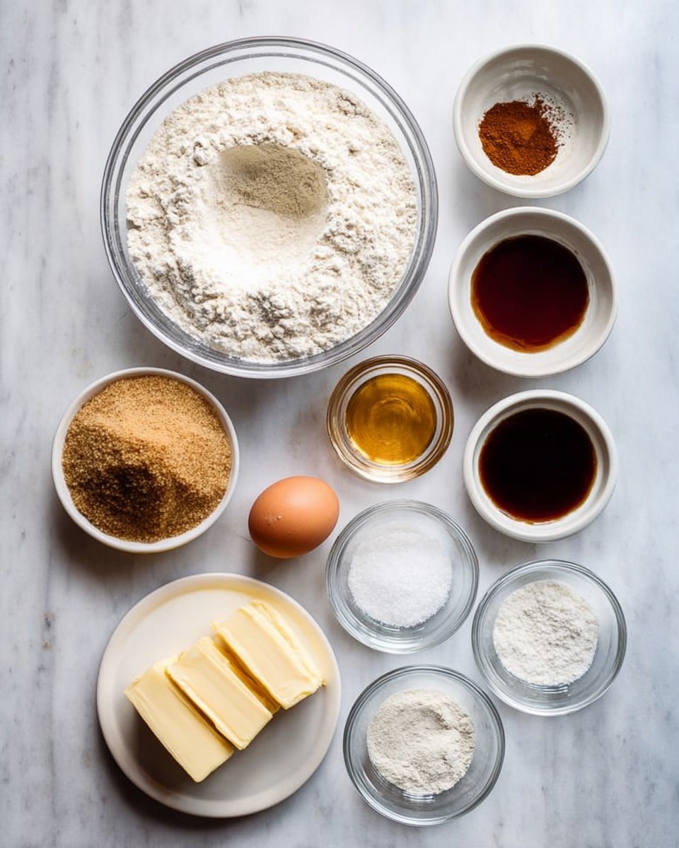 The image shows various baking ingredients arranged neatly on a white marbled surface. At the center, there is a large clear glass bowl filled with white flour with a small well in the middle. To its right, there are two small white bowls one containing cinnamon powder and the other with a dark syrup. Below these, a small white bowl holds a golden liquid, and another small white bowl contains a dark amber liquid. To the left of the flour bowl is a larger clear glass bowl filled with brown sugar. Below the brown sugar, a white plate holds two rectangular pieces of pale yellow butter. Above the brown sugar, there is a single brown egg. Surrounding the flour bowl are three small clear glass bowls with white powders of different textures, possibly salt, baking soda, and baking powder. The scene is well-lit with soft natural light, capturing the different textures and colors clearly. Photo taken with an iphone --ar 4:5 --v 7
