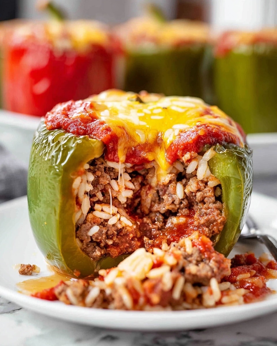 A stuffed green bell pepper sits on a white plate with a white marbled texture beneath it. The pepper is packed with layers of white rice and brown ground meat mixed together, topped with a red tomato sauce and melted yellow cheese drizzled over the top. Some filling has spilled out onto the plate, showing chunks of meat, grains of rice, and sauce mixed with melted cheese. In the blurred background, other stuffed peppers can be seen, adding depth to the scene. photo taken with an iphone --ar 4:5 --v 7
