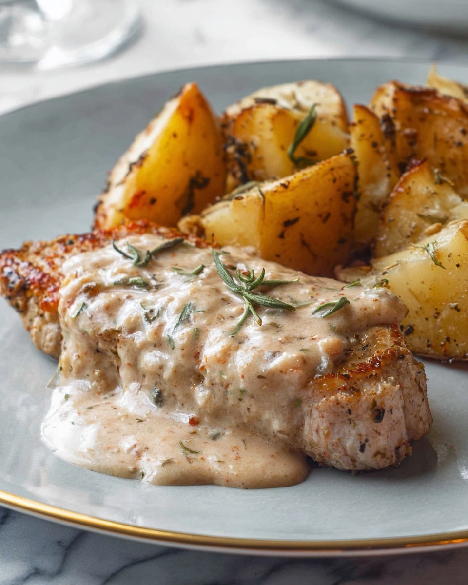 A plate with a serving of creamy sauce-covered cooked meat at the front, showing a light pinkish-beige color with a smooth, slightly textured sauce dripping softly around it; behind it are several large chunks of roasted potatoes, golden brown and slightly shiny with seasoning and small sprigs of green herbs scattered on top. All the food is arranged on a white plate sitting on a white marbled textured surface. photo taken with an iphone --ar 4:5 --v 7