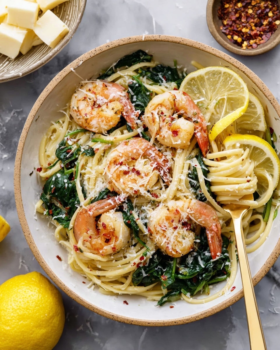 A white bowl is filled with a dish showing three layers: the bottom layer has twisted pale yellow noodles, the middle layer has bright green spinach leaves scattered all through, and the top layer has five cooked shrimp with an orange-pink color arranged around the bowl, along with thin slices of yellow lemon. The shrimp are sprinkled with red pepper flakes, and grated white cheese is scattered across the dish. A gold fork twirls some noodles in the bowl. Next to the bowl, there are two halved lemons and small cheese chunks on a white marbled surface photo taken with an iphone --ar 4:5 --v 7