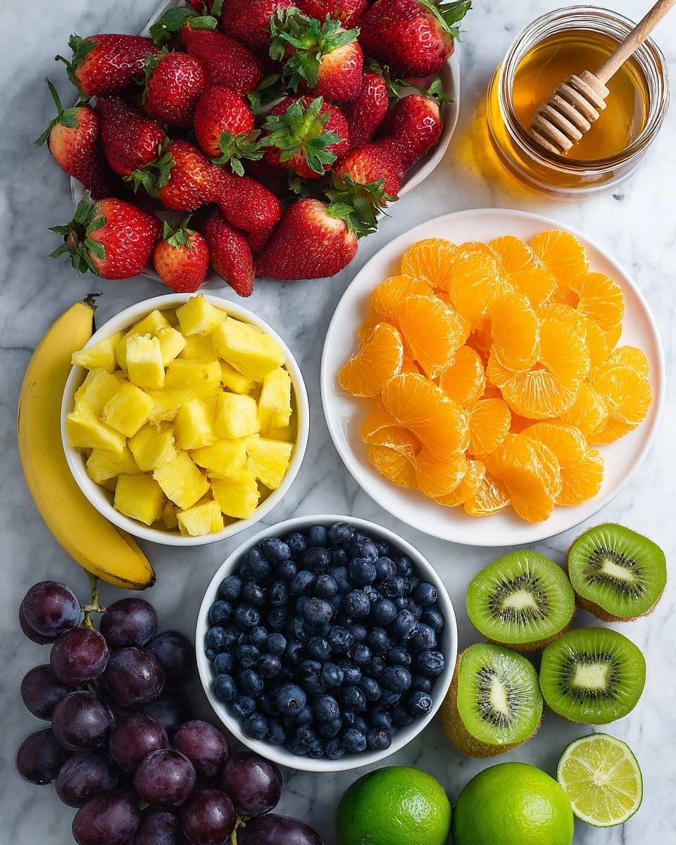 The image shows a flat lay of fresh fruits on a white marbled surface. There is a white bowl filled with bright yellow pineapple chunks near the center. To the right, a white plate holds peeled mandarin orange slices arranged in a layer. Above the plate is a glass jar of golden honey with a wooden honey dipper resting on the top right edge. At the top left, a pile of red strawberries with green leaves is spread out. Below the strawberries are two yellow bananas. In the lower left corner, a bunch of dark purple grapes lies spread out. At the bottom right, a white bowl is filled with plump deep blue blueberries. Next to the blueberries are five whole and sliced green kiwis, and to the far right, three whole green limes and one lime cut in half can be seen. The colors are bright and fresh, with a mix of reds, yellows, greens, blues, and oranges. photo taken with an iphone --ar 4:5 --v 7