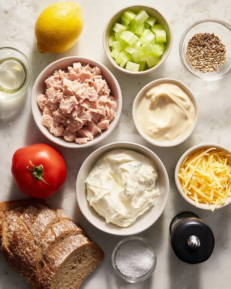 The image shows several small white bowls arranged on a white marbled surface, each containing a different ingredient. The center bowl holds chunky pink tuna pieces, next to it is a bowl with diced pale green celery. Another bowl has smooth light beige mayonnaise, and one with thick creamy white yogurt. A white bowl in the front has a pile of finely shredded yellow cheese. Around these are a ripe red tomato, a whole yellow lemon, two slices of rustic brown bread with a textured crust, a glass container filled with white salt, a small clear bowl of crushed seeds, and a black pepper grinder. Everything is neatly placed with bright natural light. Photo taken with an iphone --ar 4:5 --v 7
