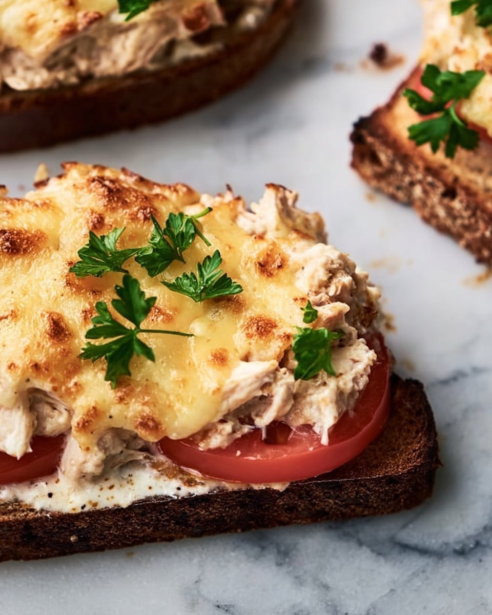 The dish shows an open sandwich on a white marbled surface. It has a base layer of dark toasted bread with a rough, crispy texture. On top of the bread, there is a smooth, bright red slice of tomato, placed flat. The next layer is a creamy, chunky white spread mixed with small bits of chicken, thickly piled. The top layer is melted pale yellow cheese with browned spots, giving a bubbly, golden look. Small green parsley leaves are scattered on the cheese, adding a fresh touch. Photo taken with an iphone --ar 4:5 --v 7