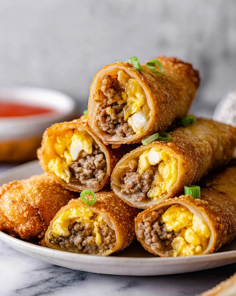A stack of golden brown egg rolls is arranged on a white plate, with the top layer showing five egg rolls cut in half to display the inside. Each egg roll has a crispy, textured outer shell with a golden hue. The filling has three main layers: a light yellow scrambled egg layer with a soft texture, a layer of browned ground meat with a coarse texture, and bits of melted yellow cheese nestled between the egg and meat. Small green garnish slices are placed on top of the halved egg rolls for a fresh touch. In the background, there is a small bowl of red dipping sauce partially visible, and the surface beneath is a white marbled texture. photo taken with an iphone --ar 4:5 --v 7