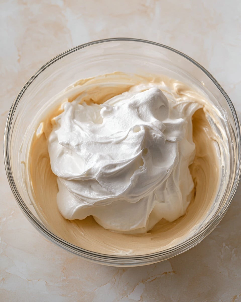 A clear glass bowl holds two layers of mixture: the bottom layer is smooth and creamy with a light beige color, while on top there is a large, fluffy dollop of white whipped cream with soft peaks and a glossy texture. The bowl sits on a white marbled surface, highlighting the contrast between the creamy beige base and the bright white whipped cream photo taken with an iphone --ar 4:5 --v 7