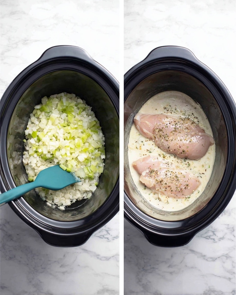 In the black slow cooker, there are two images showing cooking stages on a white marbled surface. The first image shows a layer of finely chopped onions and celery with a light green and white color, being stirred by a teal spatula inside the cooker. The second image shows two raw, pale pink chicken pieces partially covered by a creamy white mixture with small bits of green and black pepper sprinkled on top, filling the bottom of the cooker. Photo taken with an iphone --ar 4:5 --v 7