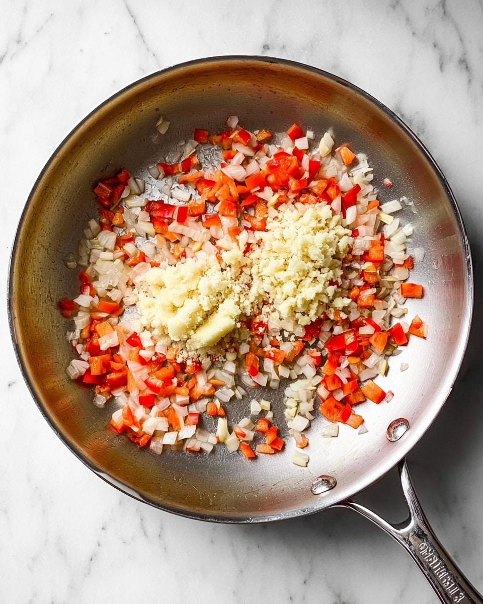 A shiny silver pan sits on a white marbled surface, filled with small pieces of diced onions and red bell peppers spread out across the bottom. In the center of the pan, there are two piles of finely chopped garlic and ginger, both pale and light in color, sitting visibly on top of the vegetables. The pan handle stretches out toward the bottom right corner of the image. photo taken with an iphone --ar 4:5 --v 7
