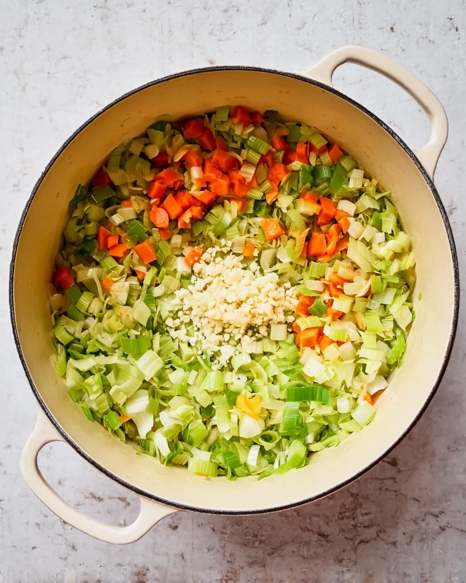 A white pot filled with layers of chopped vegetables is shown from above. The bottom layer consists of light green chopped leeks and translucent white onion pieces. On top, there are small bright orange carrot slices and darker green leek parts mixed evenly. In the center, there is a small pile of finely chopped white garlic. The pot is sitting on a white marbled surface, and the light colors of the vegetables contrast softly with the pot's cream interior. photo taken with an iphone --ar 4:5 --v 7