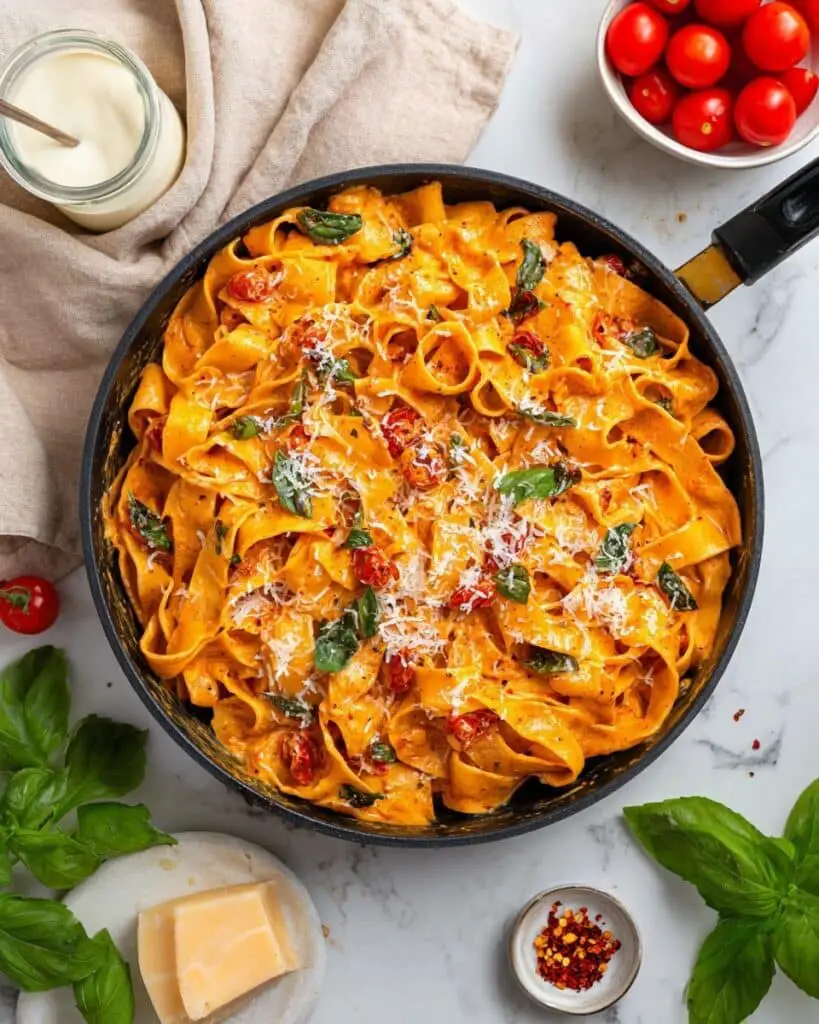 One Pot Creamy Vegan Pappardelle Pasta with Cherry Tomatoes and Spinach Recipe