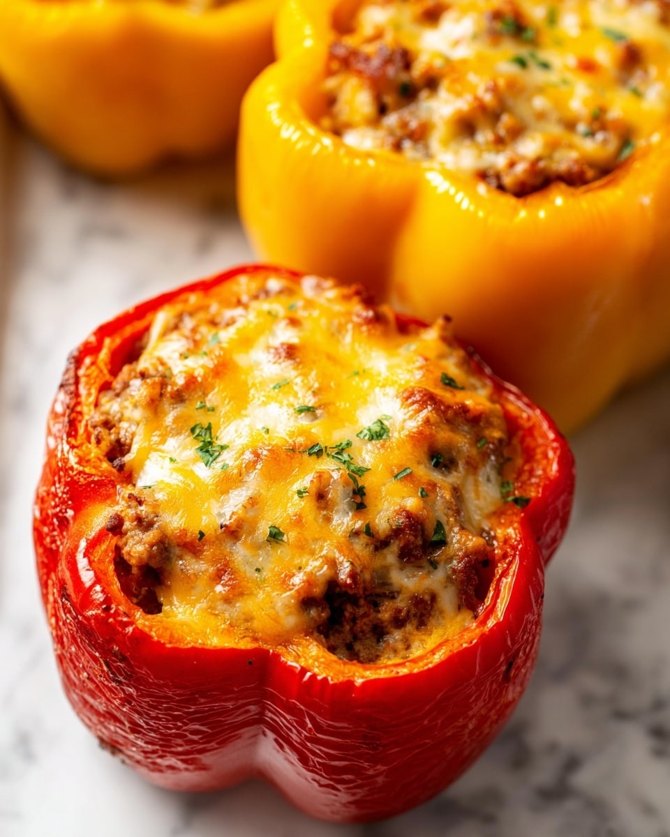 The image shows stuffed bell peppers with a close-up on a red pepper and a yellow pepper, both cut on top and filled with layers of cooked ground meat mixed with small bits of vegetables, topped with melted golden cheese that is slightly browned and bubbly. The red pepper displays a rough texture with its wrinkles clearly visible, while the yellow pepper looks smooth and firm. Both peppers are sprinkled with small pieces of green herbs on top. They sit on a white marbled surface that catches the light softly, making the colors of the peppers stand out. photo taken with an iphone --ar 4:5 --v 7