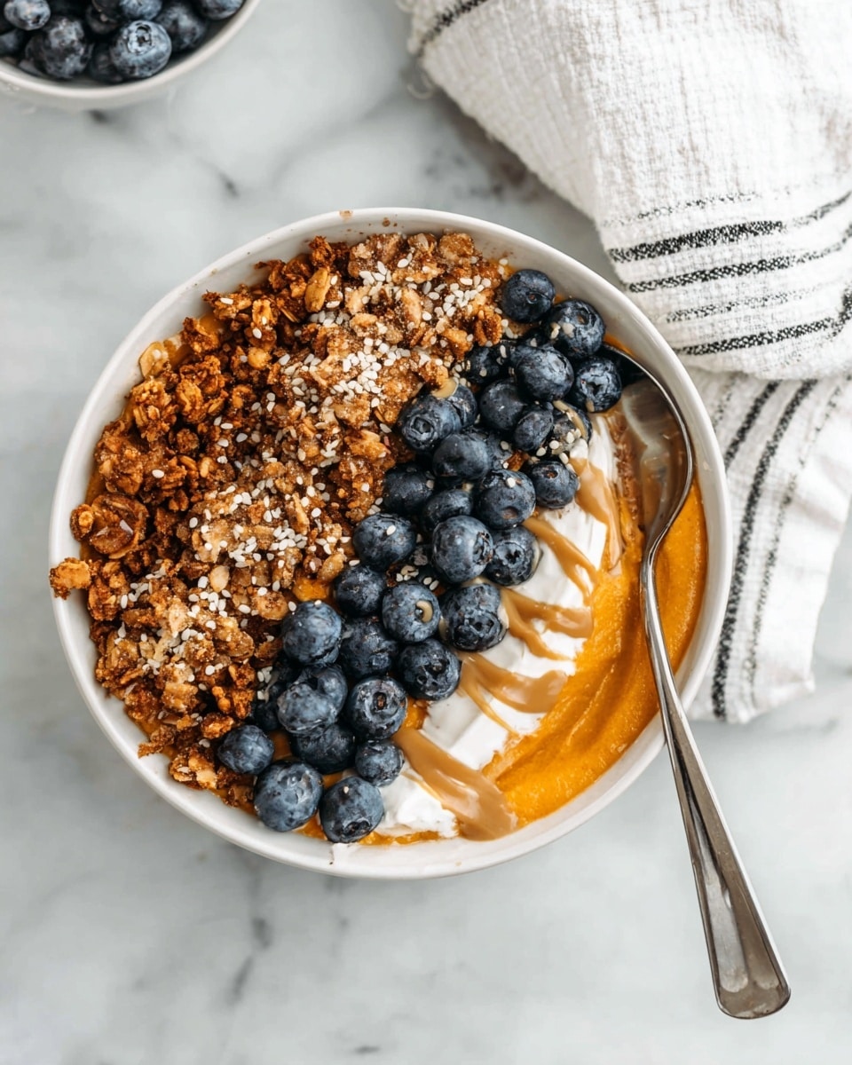 The image shows a white bowl filled with a smooth orange base topped with three distinct layers arranged side by side. On the left is a crumbly granola layer with light and dark brown textures, next to it is a cluster of fresh, plump blueberries with a deep blue color, and on the right side is a dollop of white creamy substance drizzled with light brown sauce. The top of the bowl is sprinkled with small white seeds, and a silver spoon rests inside the bowl on the right. The bowl is placed on a white marbled surface, and part of a white cloth with black stripes is visible in the top right corner. Photo taken with an iphone --ar 4:5 --v 7