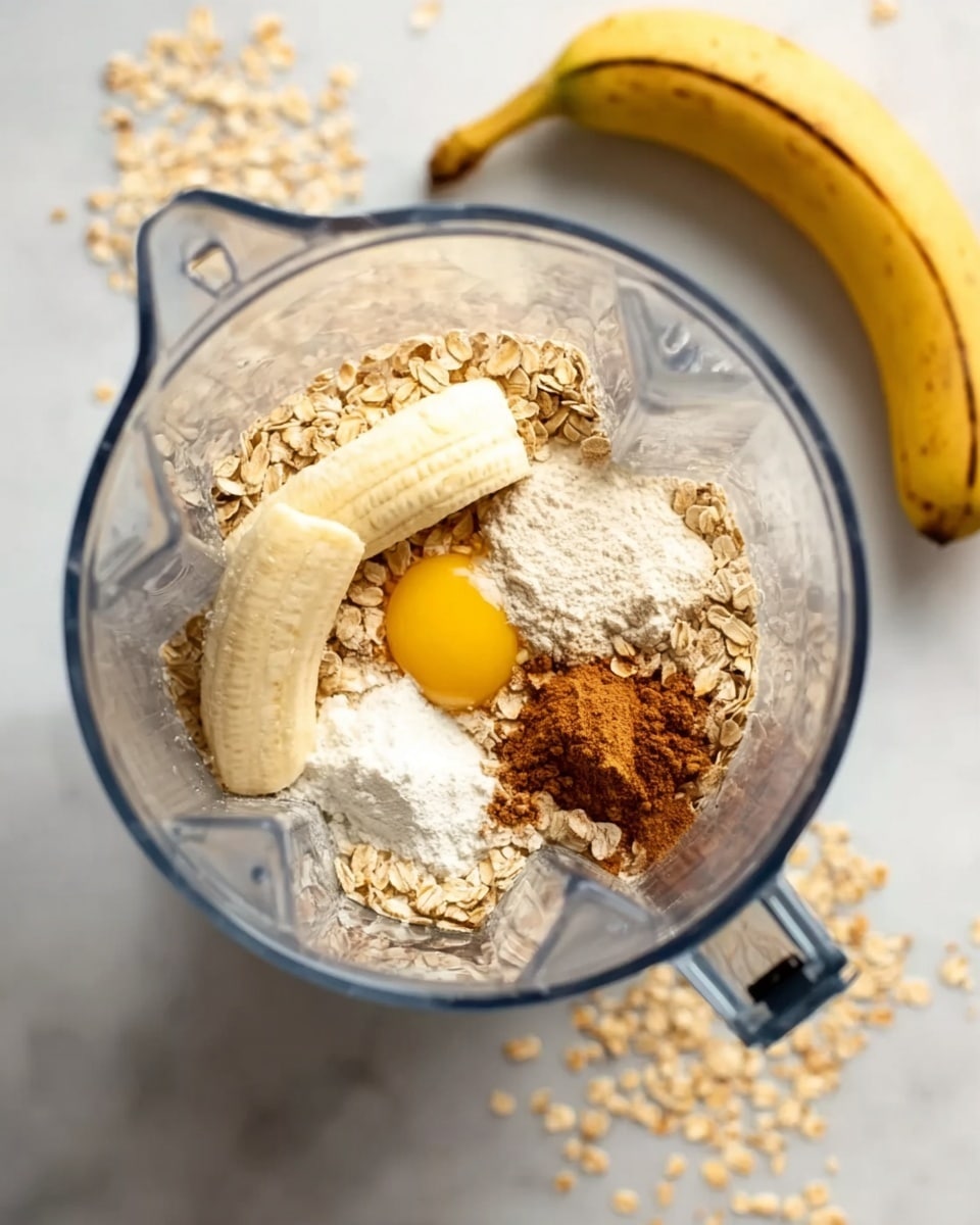 A clear blender jar sits on a white marbled surface, filled with several layers of ingredients. At the bottom is a base of light beige rolled oats spread evenly. On top of the oats lie two peeled banana pieces, light yellow with a soft texture. Next to the bananas is a heap of white powder, likely flour, and beside it a smaller mound of brown powder, probably cinnamon. There is also a raw egg yolk nestled among the oats and powders, its bright yellow color standing out. A whole ripe banana with a few brown spots is placed to the top right of the blender on the white marbled surface, and some scattered oats are visible nearby. A woman's hand is barely visible, suggesting someone is about to use the blender. photo taken with an iphone --ar 4:5 --v 7