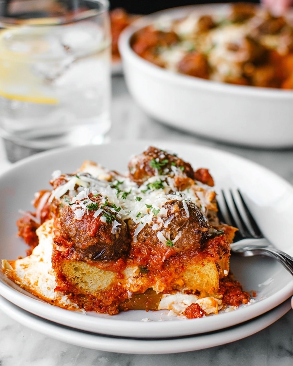 A close-up view of a white plate holding a layered dish with three main layers: the bottom layer is golden toasted bread, the middle layer is a thick red tomato sauce with cheese melted into it, and the top layer has small browned meatballs sprinkled with shredded white cheese and green herbs. The dish looks creamy and hearty with some cheese melted between layers. In the background, there is a white dish with more of the layered food, and to the left, a glass of iced water sits on a surface with a white marbled texture. A fork rests on the edge of the plate, and a woman's hand partially holds the plate. photo taken with an iphone --ar 4:5 --v 7